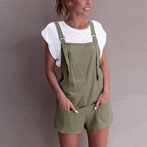 Women's Elastic Waist Jumpsuit Dungarees Linen Cotton Pockets Rompers Playsuit Shorts Pants(Green,M)