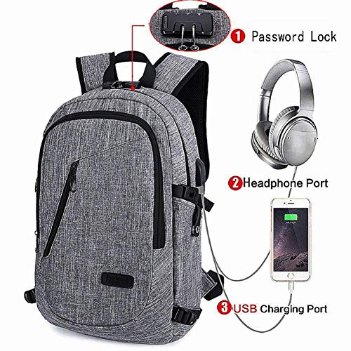 Business Laptop Backpack With USB Charging & Headphone Port And Password Lock, Fits 12-16 Inch Laptop And Notebook, Water Proof School Rucksack Business Knapsack Travel Daypack College Bookbag (Grey)