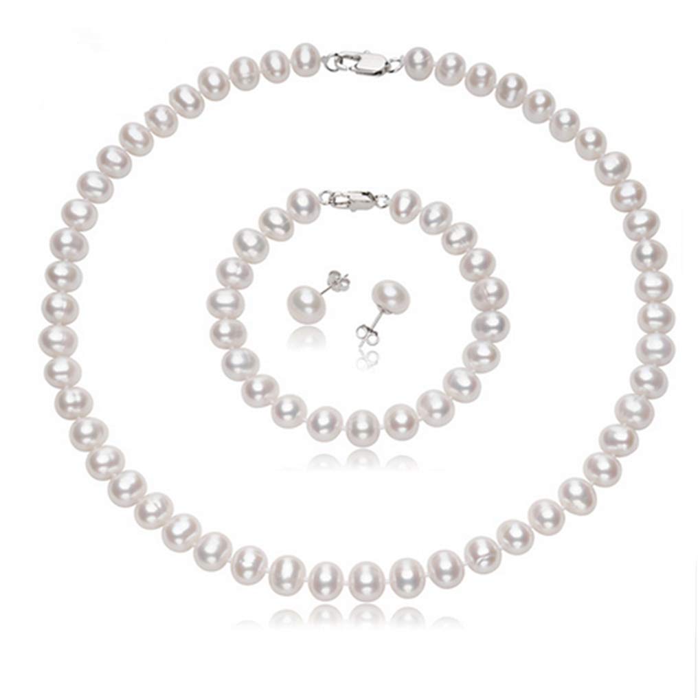 Treasure Bay Elegant and Clasic 7mm Freshwater Pearl Jewellery Set for Women, Girls With Sterling Silver Clasp (White)