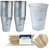 50x 10-Ounce Disposable Graduated Clear Plastic Cups for Mixing Paint, Stain, Epoxy, Resin and 20x Pixiss Stix Mixing Sticks