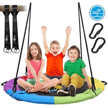 Trekassy 700lb 40 Inch Saucer Tree Swing for Kids Adults Textilene Age-Resistant with 2pcs 10ft Tree Hanging Straps, Steel Frame and Adjustable Ropes--Rainbow