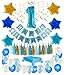 1st Birthday Boy Decorations kit- Complete One Year Party Decoration- First Birthday boy Giant Number One Balloon- Blue Happy Birthday Banner- Latex and Star Foil Balloons- Hanging Swirls-