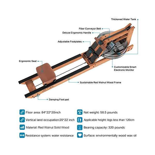 Mr. Captain Rowing Machine for Home Use,Water Resistance Natural Wood Rower with Bluetooth Monitor - Image 7