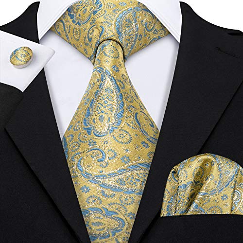 Barry.Wang Yellow Paisley Ties for Men Silk Wedding Tie Set Hanky Cufflinks