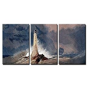 3 Piece Canvas Wall Art - an Engraved Vintage Colour Illustration of Eddystone Lighthouse (Smeaton