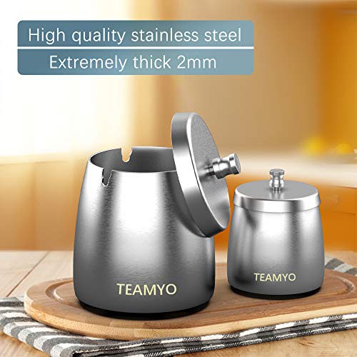 Teamyo Ashtray, Ashtray with Lid, Stainless Steel Ashtray Tabletop with Large Capacity, Ashtray Ash Holder Windproof, Indoor & Outdoor Use, Ashtray Stand for Home Office Decoration (Silver, Big)