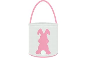 Doxrmuru Easter Bunny Basket Egg Bags for Kids Canvas Cotton Candy Egg Basket Rabbit Print Buckets with Fluffy Tail Gifts Bags for Easter (Pink)