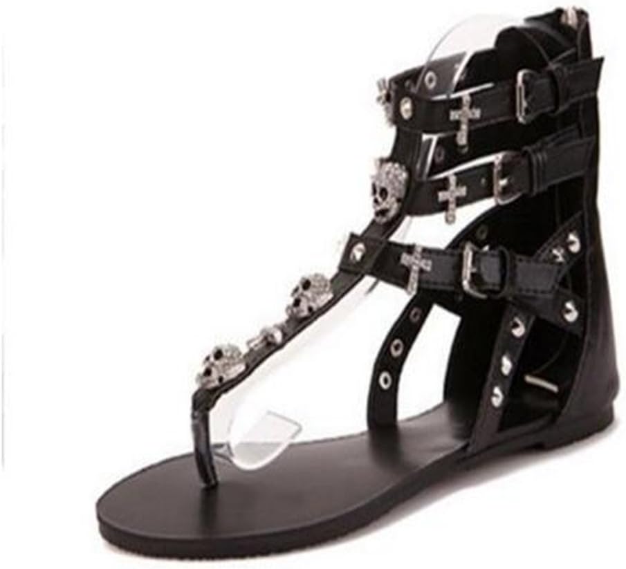 Lisyline Women's Roman Skull T-Strap Rhinestone Gladiator Flat Thong Sandal