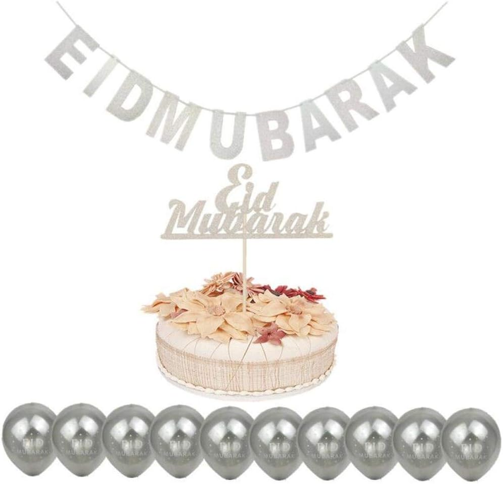 "Eid Mubarak" Celebration Decoration set - Banners + Cake topper + balloon set- Muslim Ramadan Festival Decoration Supplies