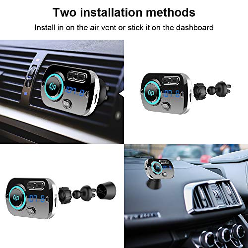 Trasmettitore FM Bluetooth 5.0, Vivavoce Car Kit con QC 3.0 Caricatore per Auto, supporto Uscita TF card AUX, Suono Cristallino, Luce Colore, Cavo 1.1M, 2 Modi di Installazione