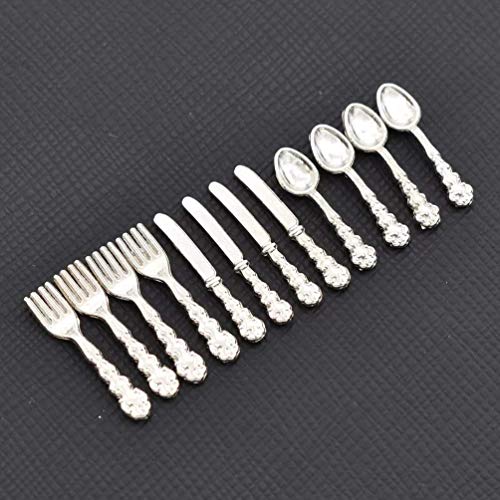 BetterUS 1/12 Scale Mini Fork Spoon Knife Set Metal Tableware Dollhouse Kitchen Furniture Supply 12Pcs