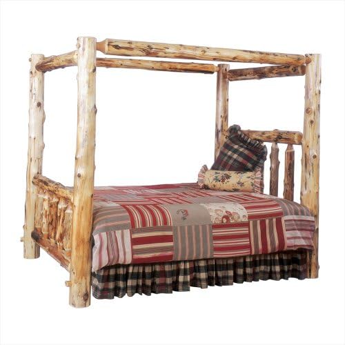 Fireside Lodge Furniture Traditional Cedar Hand Crafted and Hand Lacquered Northern White Cedar Spindle Log With Notched Side Rails King Size Canopy Bed, Traditional Cedar, King Size Canopy Bed Complete Set, With T-Support King