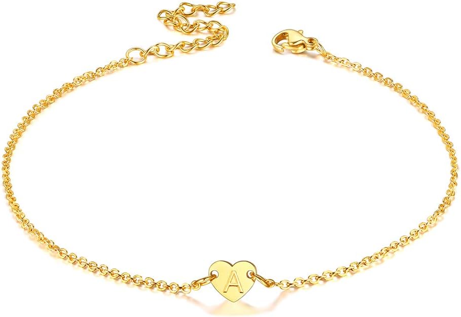 FaithHeartInitials Anklets for Women Stainless Steel Heart Charm Ankle Bracelet with Letter A-Z Foot Chain Anklet Adjustable Barefoot Jewellery Summer Gifts for Girls