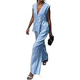 Volemo Womens Two Piece Set Sleeveless V Neck Peplum Vest Wide Leg Pant Suits Dressy Casual Summer Vacation Outfits