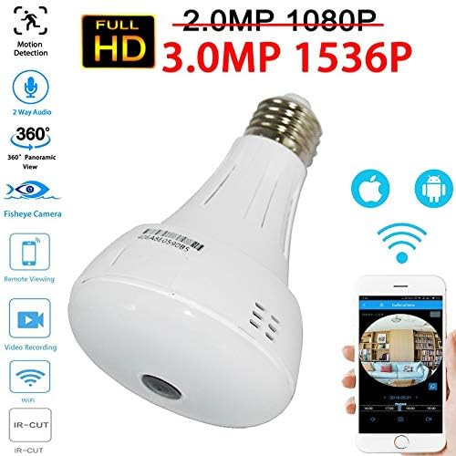 Douper All New Designed 2 in 1 WiFi Light Bulb Hidden Cameras 360 Degree Panoramic Monitor 3.0 Million Pixels 1536P HD Fisheye Camera for iOS Android APP Remote Home Smart Security System