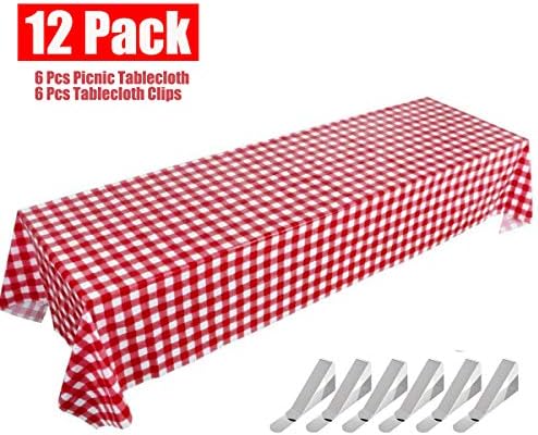Gingham Picnic Tablecloth, Red Checkered Disposable Table Covers, 6 Pack Plastic Table Cloths for Cowboy Western Italian Camping Barn Yard Birthday Farm Party