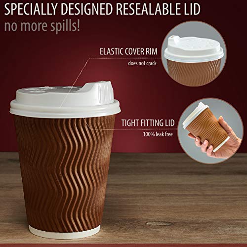 Insulated Disposable Coffee Cups with Lids & Straws 12 oz, 100 Packs - Paper Cups for Hot Beverage Drinks To Go Tea Coffee Home Office Car Coffee Shop Party - FDA Approved (brown) - Thumbnail 3