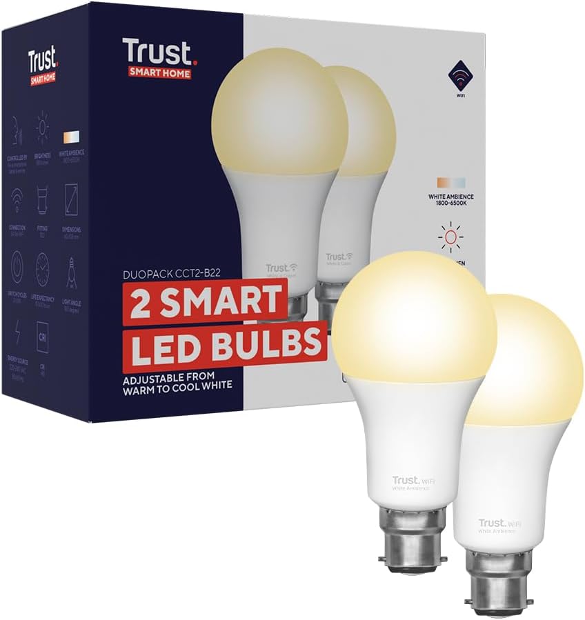 Trust B22 Smart Bulb 2 Pack Dimmable Tunable White 9W 806LM WiFi 2.4GHz