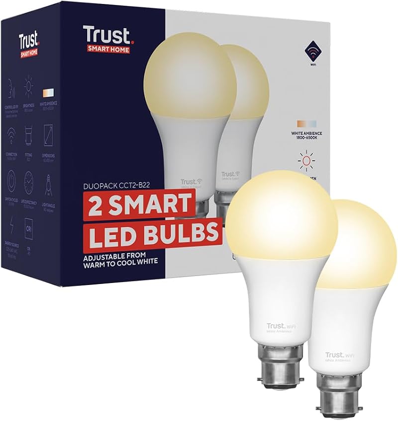 Trust B22 Smart Bulb 2 Pack Dimmable Tunable White 9W 806LM WiFi 2.4GHz