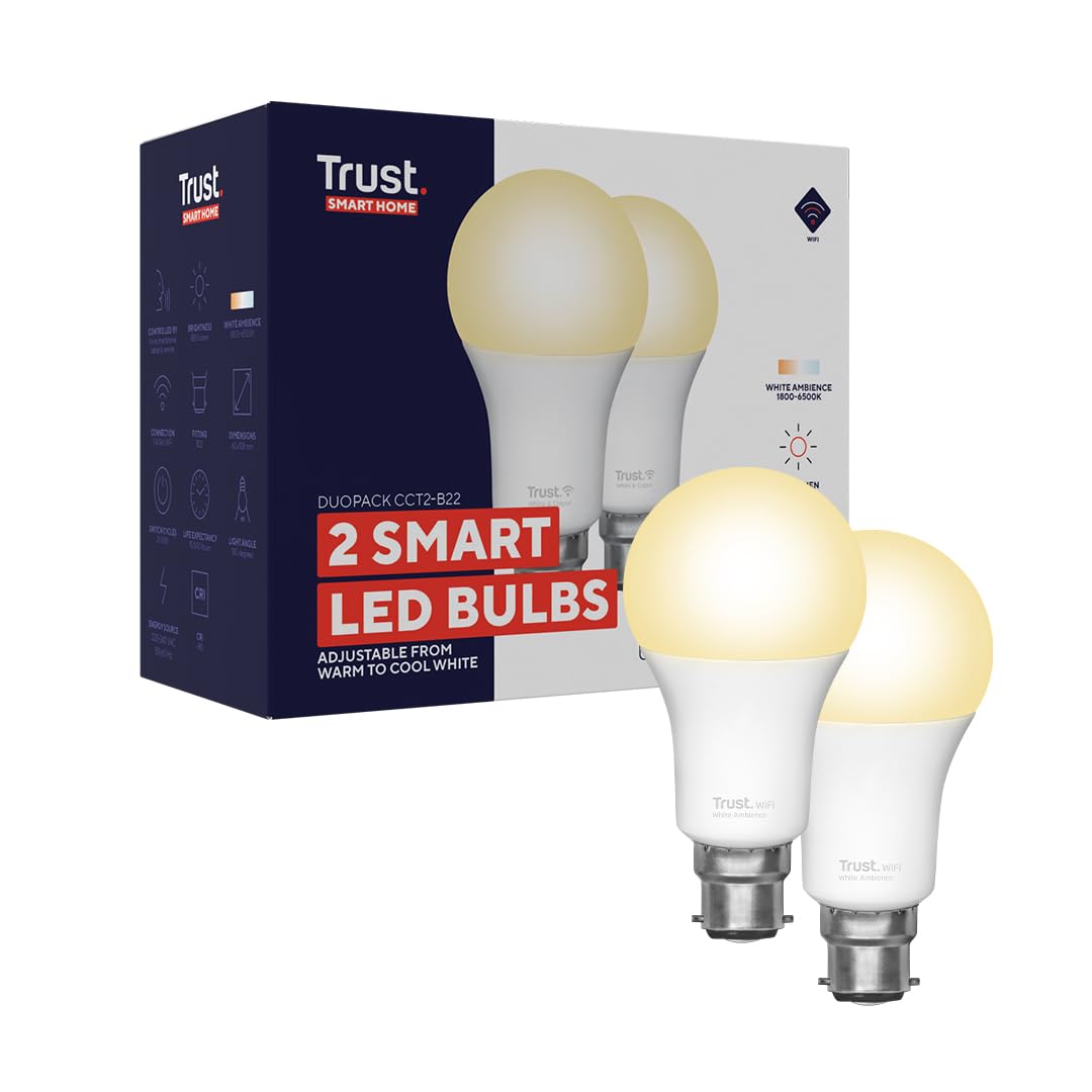 Trust B22 Smart Bulb, 2 Pack, Dimmable LED, Tunable White, 9W, 806 Lumens, 2.4GHz WiFi, Alexa & Google Home Compatible, No Hub Required
