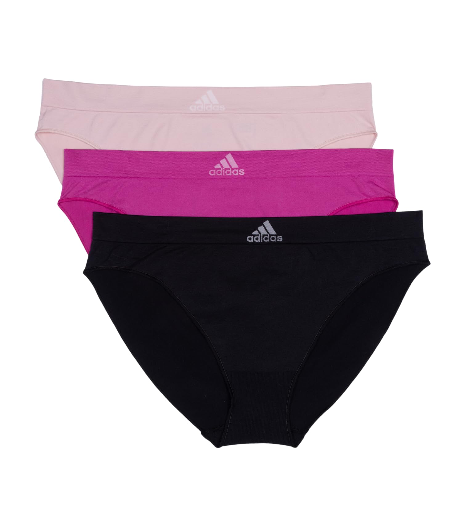 Photo 1 of adidas Women's Seamless Bikini Underwear 3-pack, Black with Stripes/Peach Whip/Semi Lucid Fuchsia, Small