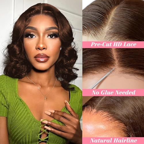 Glueless Wig Human Hair Bob Wigs for Women Human Hair Wear and Go Glueless Wig 4x4 Pre Cut Body Wave Lace Front Wigs Natural Hairline 180% Density Chocolate Brown Color 12 inch (30cm)