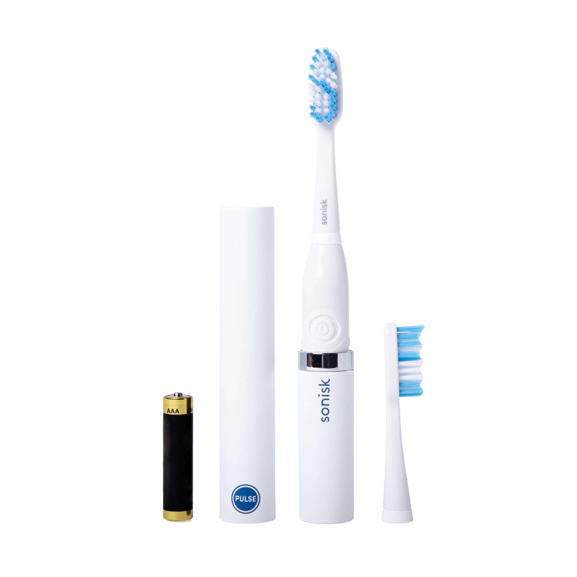 Sonisk Pulse | Battery Powered Electric Toothbrush | Portable Travel Size with Antimicrobial Sonic Technology | 1x Battery, 2X Brush Heads, 1x Travel Case Included (Pure White)