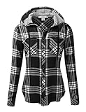 J.TOMSON Women's Long Sleeve Hooded Plaid Checkered Button Up Flannel Shirt Top