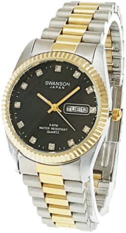 Swanson Men's Two-tone Day-Date Watch Black Stone Dial with Travel Case