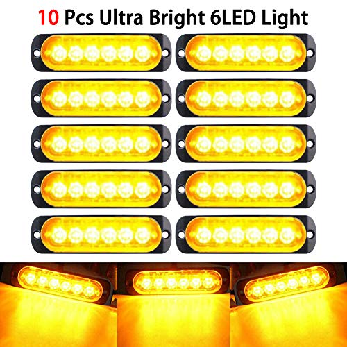 Everrich 10pcs Ultra Slim 6-LED Surface Mount Grille Strobe Lights for Truck Car Vehicle Emergency Beacon Hazard Warning lights 12-24V (Amber)