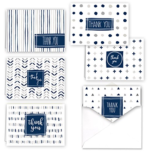 Navy Patterns Thank You Folded Assortment Card Pack – Set of 36 Cards, 6 Designs – 6 ...