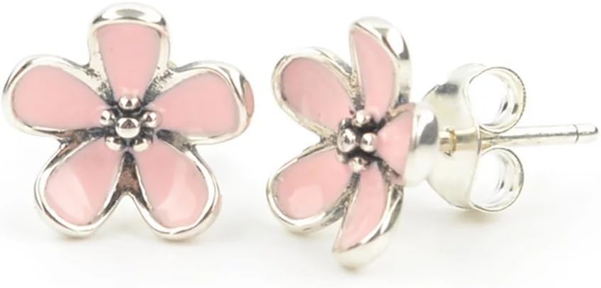 TS Pink Cherry Blossom Flower Stud Earrings in 925 sterling silver with pink enamel flowers.