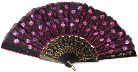 Embroidered Flower Pattern Black Cloth Folding Hand Fan
