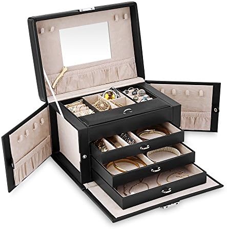 EleLight Jewelry Box, 4 Layers PU Leather Jewelry Organizer Lockable Travel Storage Display Case with Mirror Velvet Storage Display Box for Necklaces, Bracelets, Watches, Earrings