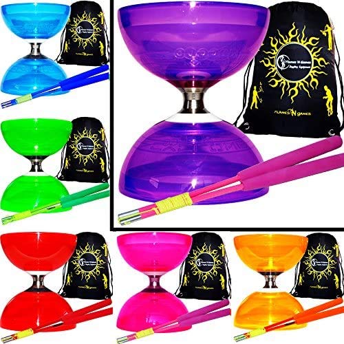 Juggle Dream Cyclone QUARTZ II Pro Diabolo Set (6Colours) Triple Ball Bearing Clutch Diabolos + Matching Coloured FIBRE Handsticks, Diablo String & Bag! (Purple + Black Sticks)