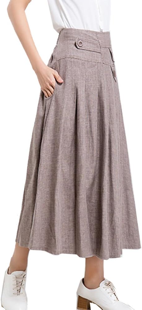 OLRAIN Women's Elastic Waist Cotton Linen Solid A-Line Casual Skirt