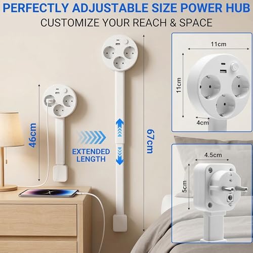 Regleta con barra de extensión extensible, 3 enchufes retráctiles con USB C y USB A para mesa, oficina, cocina, escritorio regulable en altura