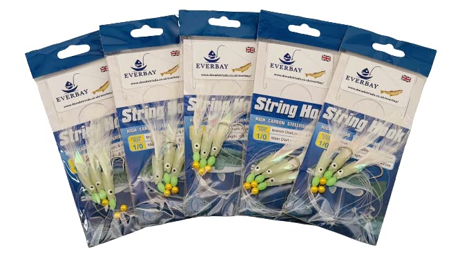 EVERBAY Fishing Sea Rigs 5packs Multi Hooks for Mackerel, Pollock, Bass, Cod, Feather Baits, Sea Lures Boat Fishing Tackle,Real Fish Skins,Hooks with Luminous Beads for Saltwater size 1/0#/3 hooks