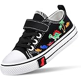Cozystep Toddler Boys Girls Slip On Canvas Sneakers Cartoon Dinasour Printed Little Kid Unisex Adjustable Strap Walking Shoes Lazy Shoes with Hook and Loops