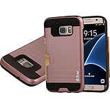 Galaxy S7 Edge Case, Arae Samsung Galaxy S7 Edge [Card-slot] Hybrid Dual Layer Wallet Case, [Brushed Metal Texture] Back with Shock Absorbing TPU Inner Layer for Samsung Galaxy S7 Edge (Rosegold)