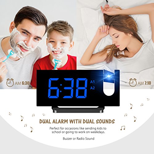 Mpow [Gen-2] Projection Alarm Clock, Arc-shaped Projection Clocks with 5 Inch Dimmer LED Display, Digital Clock Radios for bedroom with Dual Alarm, 12/24 Hours, Backup Battery (Black-Blue) - Thumbnail 4