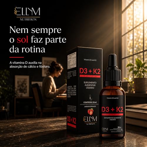 Vitamina D3 K2 em Gotas Sublingual 30mL ELLYM NUTRITION 2000 UI D3 + 120 mcg K2 Mk7 Sabor Morango Fortaleciomento Ósseo e Muscular