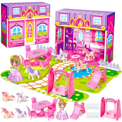 Tcvents Dreamy Pink Princess Doll House, Kids Dollhouse Playset Paper Foldable House for Toddlers 3-5, Educational Pretend Play Toys for Girls 3+ Indoor Outdoor Play with Unicorns, Swing, Furnitures