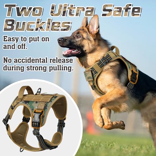 rabbitgoo Anti-Pull Dog Harness, Small Medium Breathable Dog Harness, Adjustable Tactical Dog Harness with Handle Rings and Molle, Durable Reflective Vest for Training, Brown Camo, S