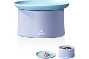 Pawaii Ceramic Cat Bowl, Combined Type Elevated Cat Bowl, Whisker Fatigue Cat Bowl for Indoor Cats, Dishwasher and Microwave Safe, One Elevated Cat Bowl and One Dish