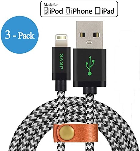 3-Pack JKVK 4ft /1.2m Nylon Braided 8 Pin Braided USB Lightning Cable Cord for iPhone 6s / 6s Plus / 6 / 6 Plus / 5s / 5c / 5, iPad Air Mini , iPad Pro, iPad 4th, iPod 7 (3-Pack Black)