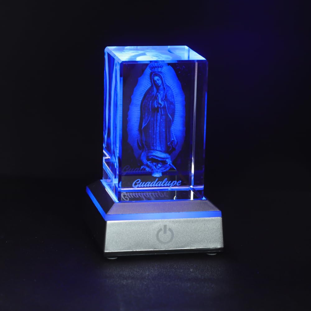 KOMI 3D Crystal Statues Decorations Religious Gifts for Women Laser Etched Crystal Our Lady of Guadalupe Glass Statues with Colorful LED Light Base