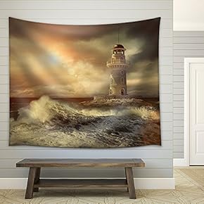 Lighthouse on The Sea Under Sky. - Fabric Wall Tapestry Home Decor - 51x60 inches
