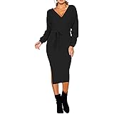 VamJump Women's V Neck Sweater Wrap Dress Batwing Long Sleeve Dress Backless Bodycon Maxi Dress with Belt