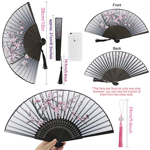 QIQU 6 Pack Handheld Floral Folding Fans Hand Held Women Silk Hollowed Bamboo Fans Hand Holding Fans with Tassel,Come with a Cloth Sleeve Per Fan,Wedding,Church,Party Gifts and Tea Party Dress Up